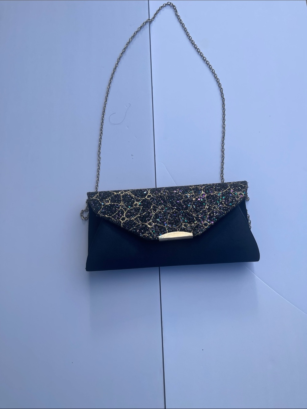 Blue Glitter‎ Envelope Clutch with Gold Chain
